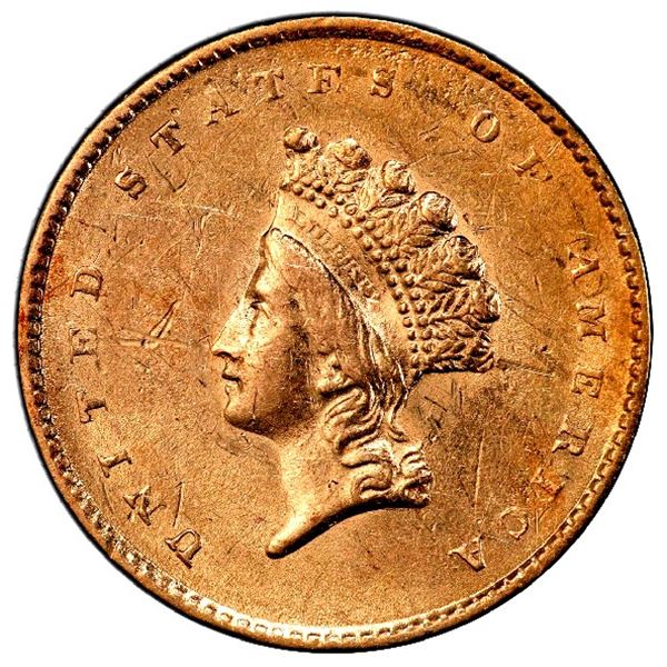 USA (Philadelphia Mint), gold $1 Indian Princess (Type II), 1855, PCGS AU 58 ("top pop"), with pinch