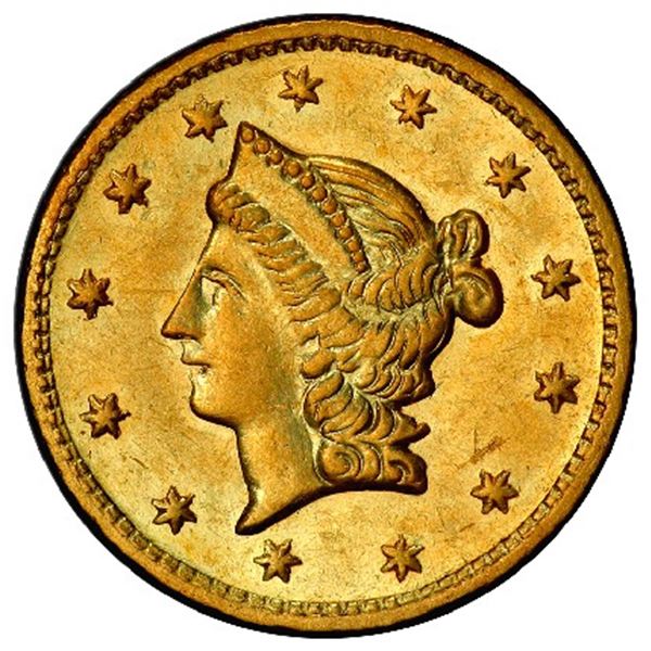 USA (Philadelphia Mint), round California gold 50 cents token, 1853, PCGS AU 58, with pinch of gold.