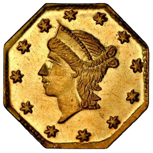 USA (Philadelphia Mint), gold octagonal 1/4 dollar token, 1856, PCGS MS 63+ Prooflike, with pinch of
