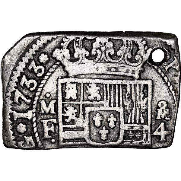 Mexico City, Mexico, klippe 4 reales, 1733 MF, NGC XF details / holed.