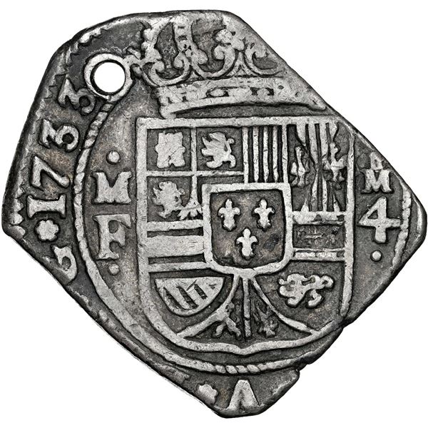 Mexico City, Mexico, klippe 4 reales, 1733 MF, NGC XF details / holed.