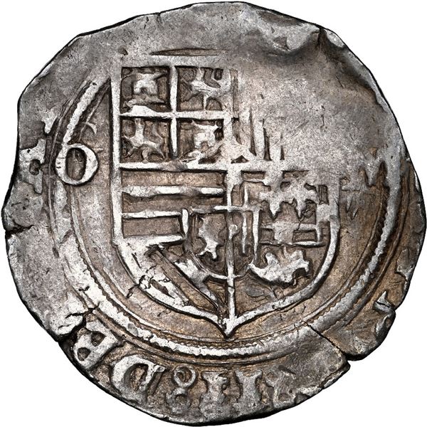 Mexico City, Mexico, cob 1 real, Philip II, assayer O punched over oM to left, new mintmark oM to ri