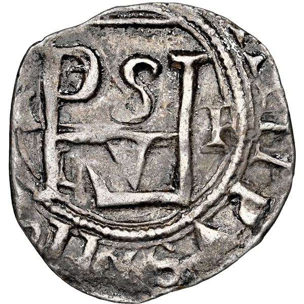 Mexico City, Mexico, cob 1/2 real, Philip II, assayer F to right, mintmark oM to left, new monogram
