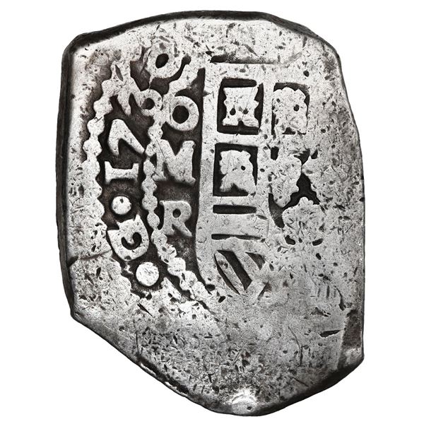 Mexico City, Mexico, cob 8 reales, 1730 R, with cross-in-circle and five-petal flower countermarks (