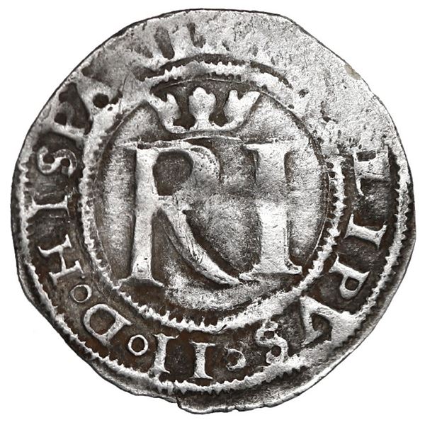 Lima, Peru, 1/2 real, Philip II, assayer R (Rincon) to left, legends HISPANI / IARVM.