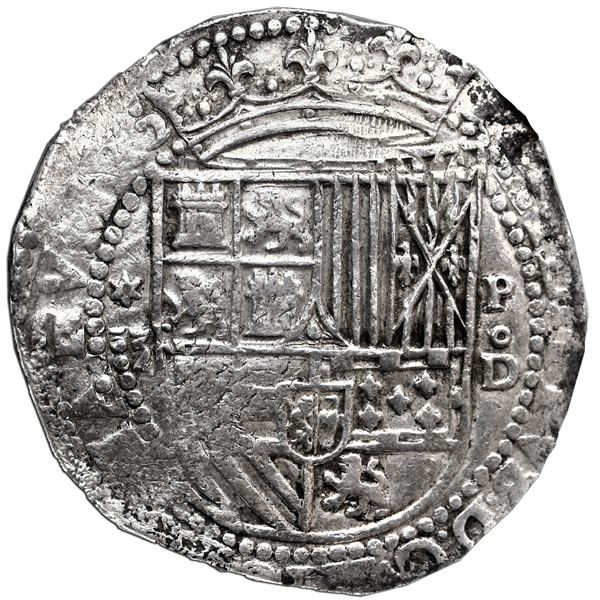 Lima, Peru, cob 8 reales, Philip II, assayer Diego de la Torre, *-8 (flat top) to left, P-oD to righ