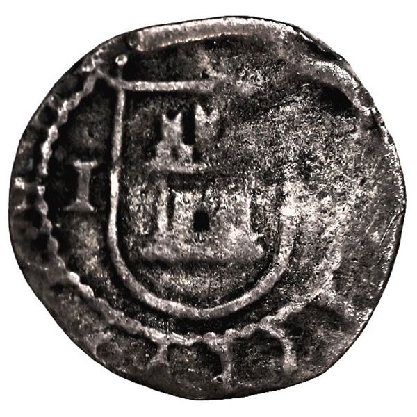 Lima, Peru, cob 1/4 real, Philip II, assayer I to left of castle, rare.