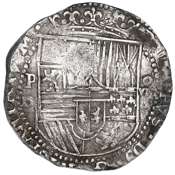 Potosi, Bolivia, cob 8 reales, Philip II, assayer B (3rd period).