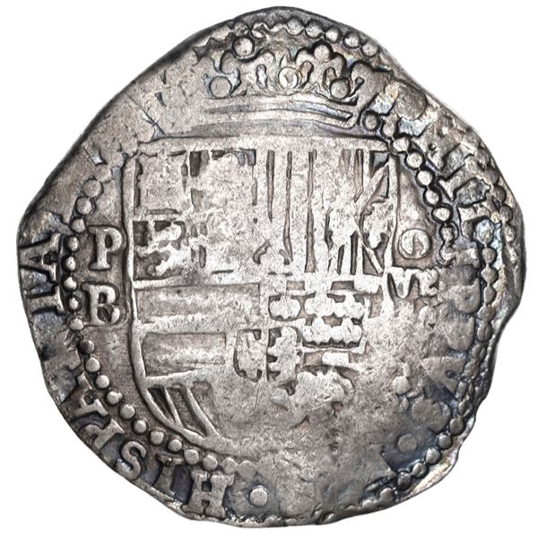 Potosi, Bolivia, cob 8 reales, Philip II, assayer B (4th period).