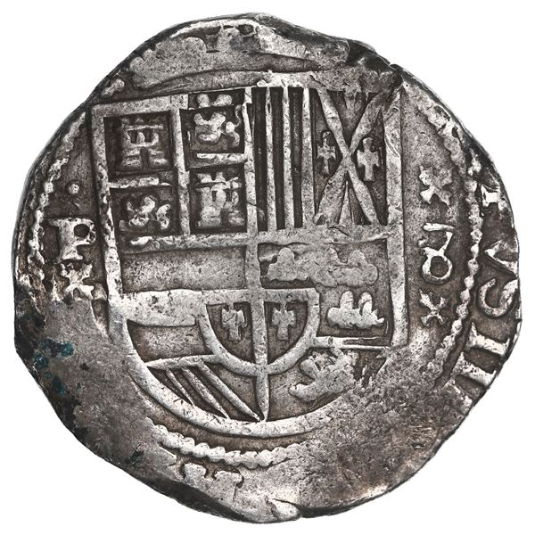 Potosi, Bolivia, cob 8 reales, Philip IV, assayer T, style of 1630-1 with cross-crosslet ornaments a