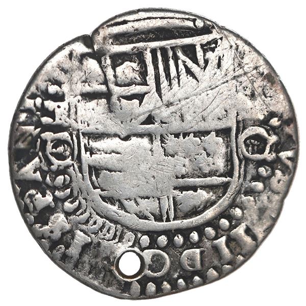 Potosi, Bolivia, cob 2 reales Royal (galano), 1650 O, with arms countermark on reverse, unique.