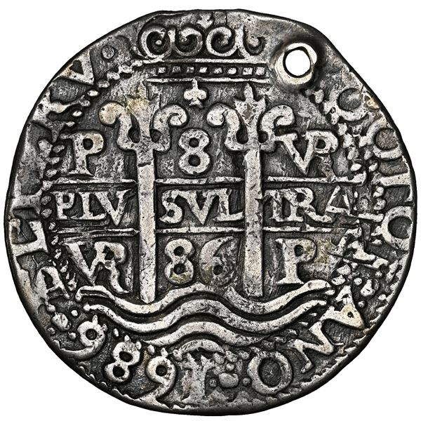 Potosi, Bolivia, cob 8 reales Royal (galano), 1686 VR, NGC VF details / holed.