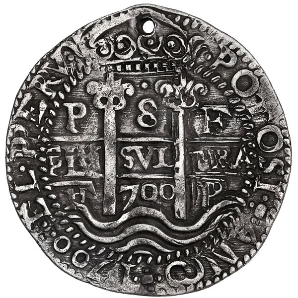 Potosi, Bolivia, cob 8 reales Royal (galano), 1700 F, very rare, NGC XF details / holed, finest and