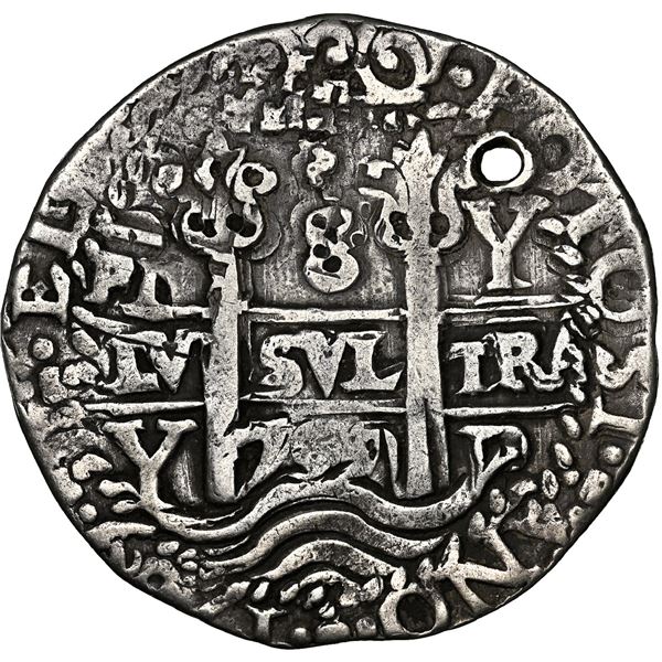 Potosi, Bolivia, cob 8 reales Royal (galano), 1709 Y, NGC VF details / holed.