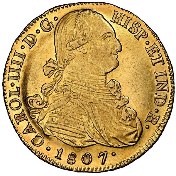 Popayan, Colombia, gold bust 8 escudos, Charles IV, 1807 JF, NGC MS 63 ("top pop").