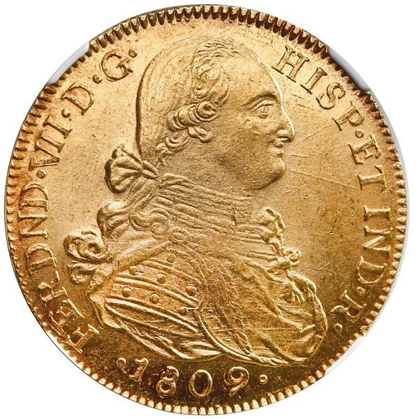 Bogota, Colombia, gold bust 8 escudos, Ferdinand VII (bust of Charles IV), 1809 JF, date as 0/0 and