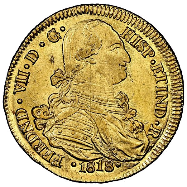 Popayan, Colombia, gold bust 8 escudos, Ferdinand VII (bust of Charles IV), 1818 FM, NGC MS 63 ("top