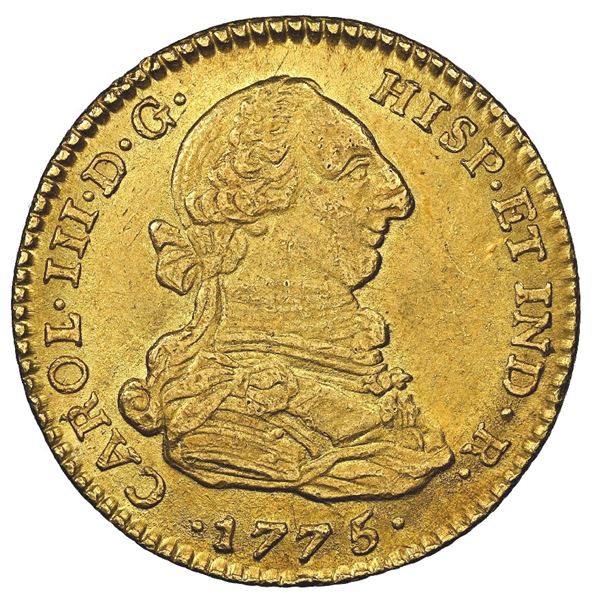 Bogota, Colombia, gold bust 2 escudos, Charles III, 1775 JJ, NGC MS 62, finest and only example in N