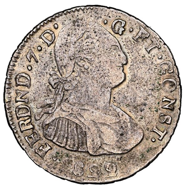 Pasto, Colombia, bust 2 reales, Ferdinand VII (bust of Charles IV), 1822 O, neater design with one d