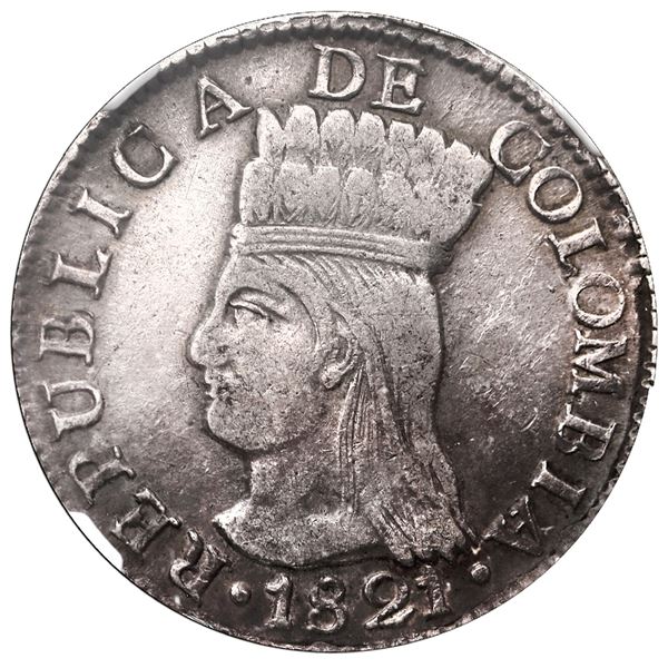 Bogota, Colombia (Cundinamarca), 2 reales, 1821 J.F, mintmark BA with dots below and to right, NGC V