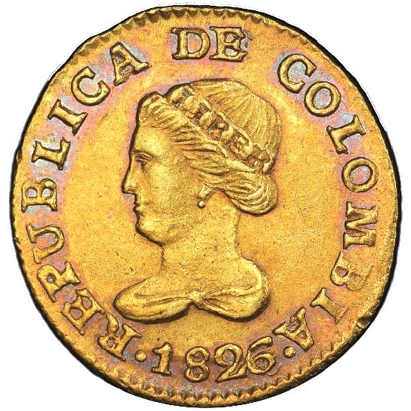 Bogota, Colombia, gold 1 peso, 1826 JF, 6 over slanted 6, PCGS AU 58.