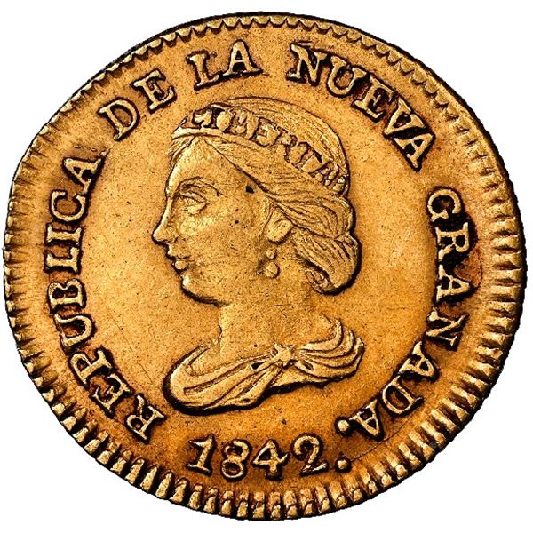 Bogota, Colombia, gold 1 peso, 1842 R.S., NGC MS 62.