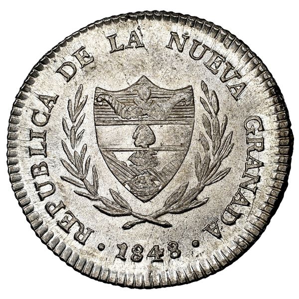 Bogota, Colombia, 2 reales, 1848, NGC MS 65+, finest known in NGC census.