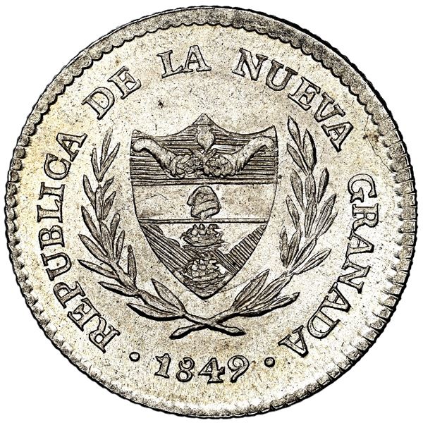 Bogota, Colombia, 2 reales, 1849, NGC MS 66+, finest known in NGC census.