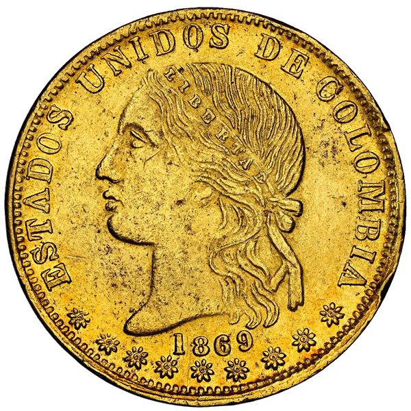 Medellin, Colombia, gold 20 pesos, 1869, NGC MS 62.