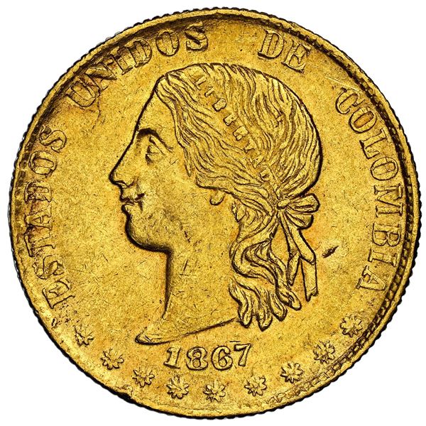 Medellin, Colombia, gold 10 pesos, 1867, NGC AU 58, finest known in NGC census.