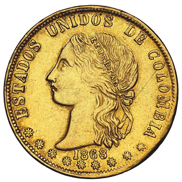 Medellin, Colombia, gold 10 pesos, 1868, no stars on reverse, NGC AU details / cleaned.