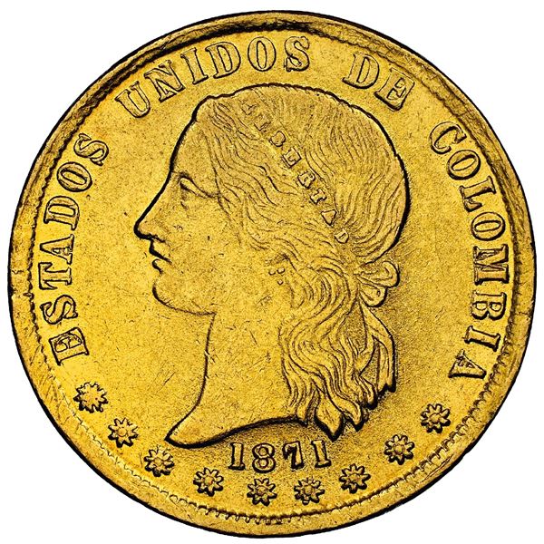 Medellin, Colombia, gold 10 pesos, 1871, NGC MS 62  ("top pop").