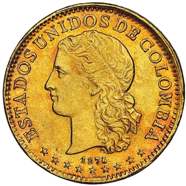 Medellin, Colombia, gold 10 pesos, 1876/5, NGC MS 66.