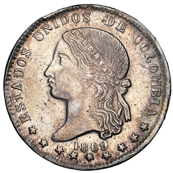 Medellin, Colombia, 1 peso, 1869, NGC AU 55.
