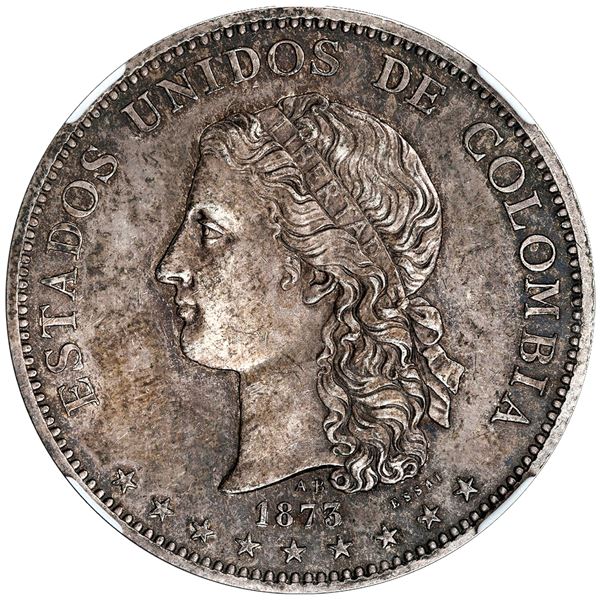 Colombia (struck at the Paris Mint), silvered-bronze proof uniface obverse essai 1 peso, 1873, reede