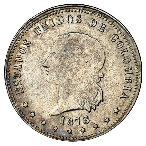 Medellin, Colombia, 5 decimos, 1873, classic effigy, NGC UNC details / cleaned.