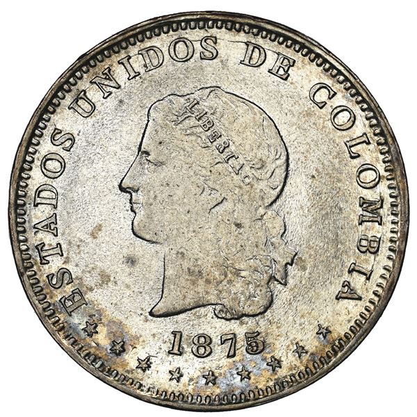 Medellin, Colombia, 5 decimos, 1875/4, fineness facing inward, NGC MS 63, finest known in NGC census