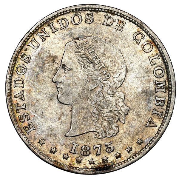 Medellin, Colombia, 5 decimos, 1875, fineness facing outward, small B inside O of ESTADOS, NGC AU de