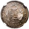 Image 2 : El Salvador, 2 reales, 1839 volcano countermark (Type III, 1840) on a Lima, Peru, 2 reales, 1827 JM,