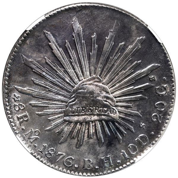 Mexico City, Mexico, cap-and-rays 8 reales, 1876/5 BH, rare, NGC MS 61.