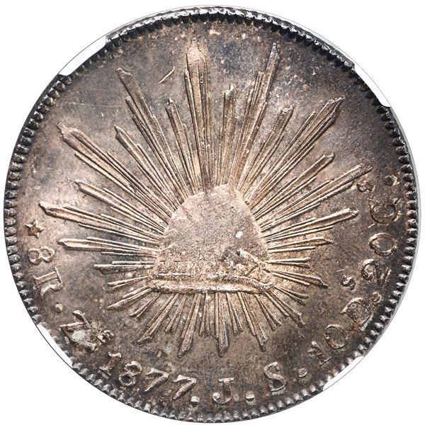 Zacatecas, Mexico, cap-and-rays 8 reales, 1877 JS, NGC MS 63.