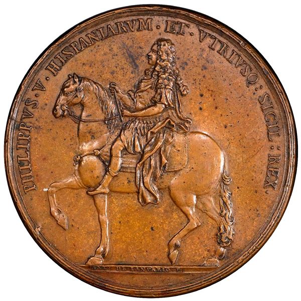 Naples (under Spain), large bronze medal, Philip V, 1702, King's Visit to Naples, by Maria Antonio d