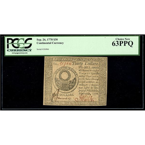 USA, $30, Sept. 26, 1778, serial 156966, PCGS Choice New 63 PPQ.