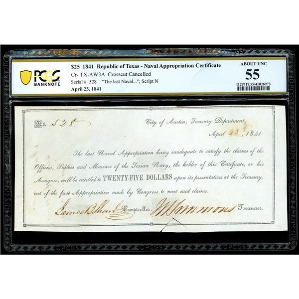 Austin, Republic of Texas, $25 Naval Appropriation Warrant, April 23rd, 1841, serial 528, payable to