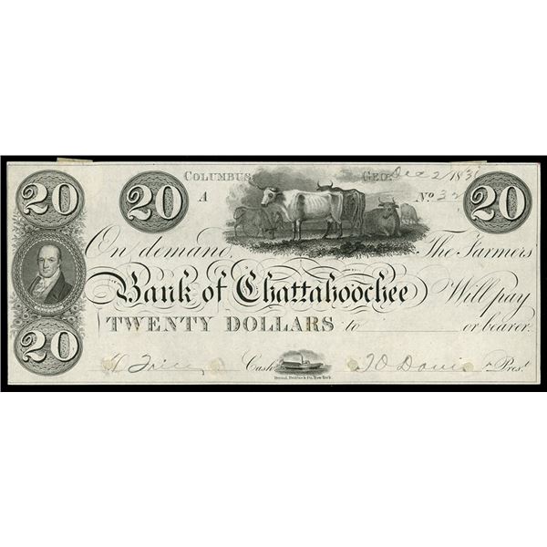 Columbus, Georgia, Farmer's Bank of Chattahoochee, $20 proof, no date (1830s), pp A, rare.
