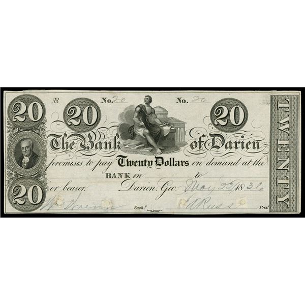 Darien, Georgia, Bank of Darien, $20 proof, no date (1830s), pp B, rare.