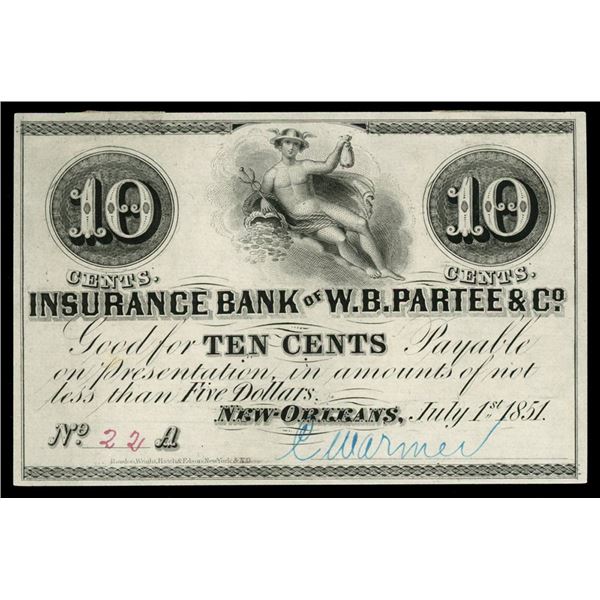 New Orleans, Louisiana, Insurance Bank of W.B. Partee & Co., 10 cents proof, July 1, 1851, pp A, rar