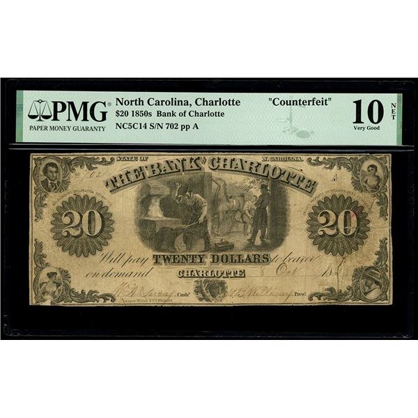Charlotte, North Carolina, Bank of Charlotte, $20 contemporary counterfeit, Oct. 8, 1853, serial 702