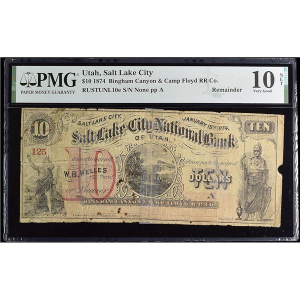 Salt Lake City, Utah, Bingham Canyon & Camp Floyd Rail Road Company, $10 remainder, Jan. 15, 1874, s