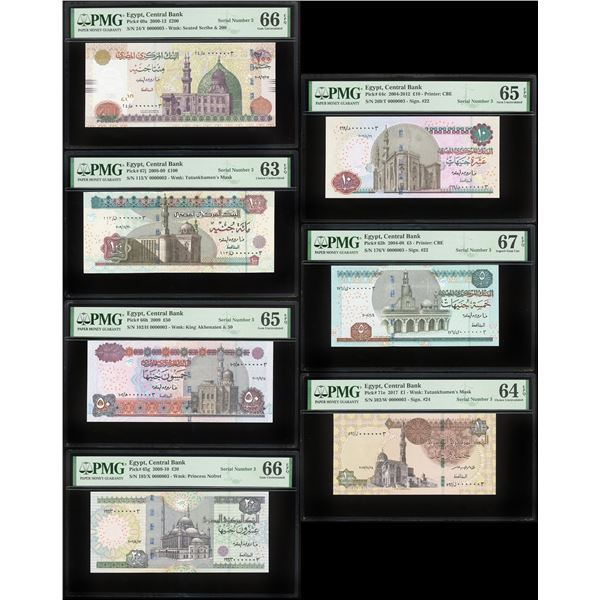 Lot of seven Egypt, Central Bank, notes with very low serial number 3: 200 pounds, 7/27/2009, series